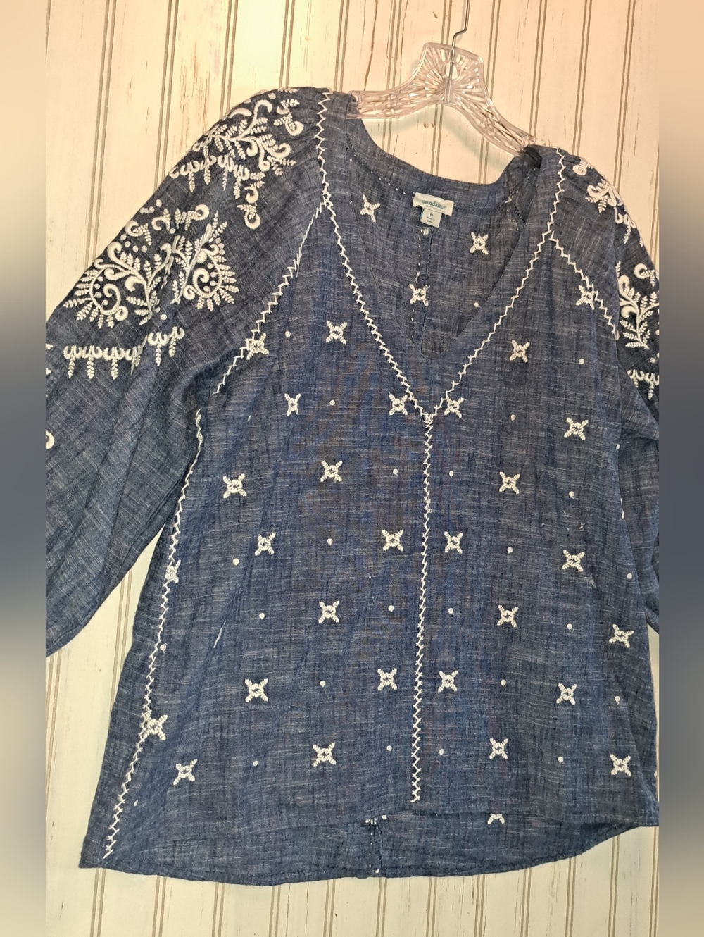 Sundance Blue Embroidered Peasant Top Blouse Breathable Cotton Boho Medium - Picture 4 of 12